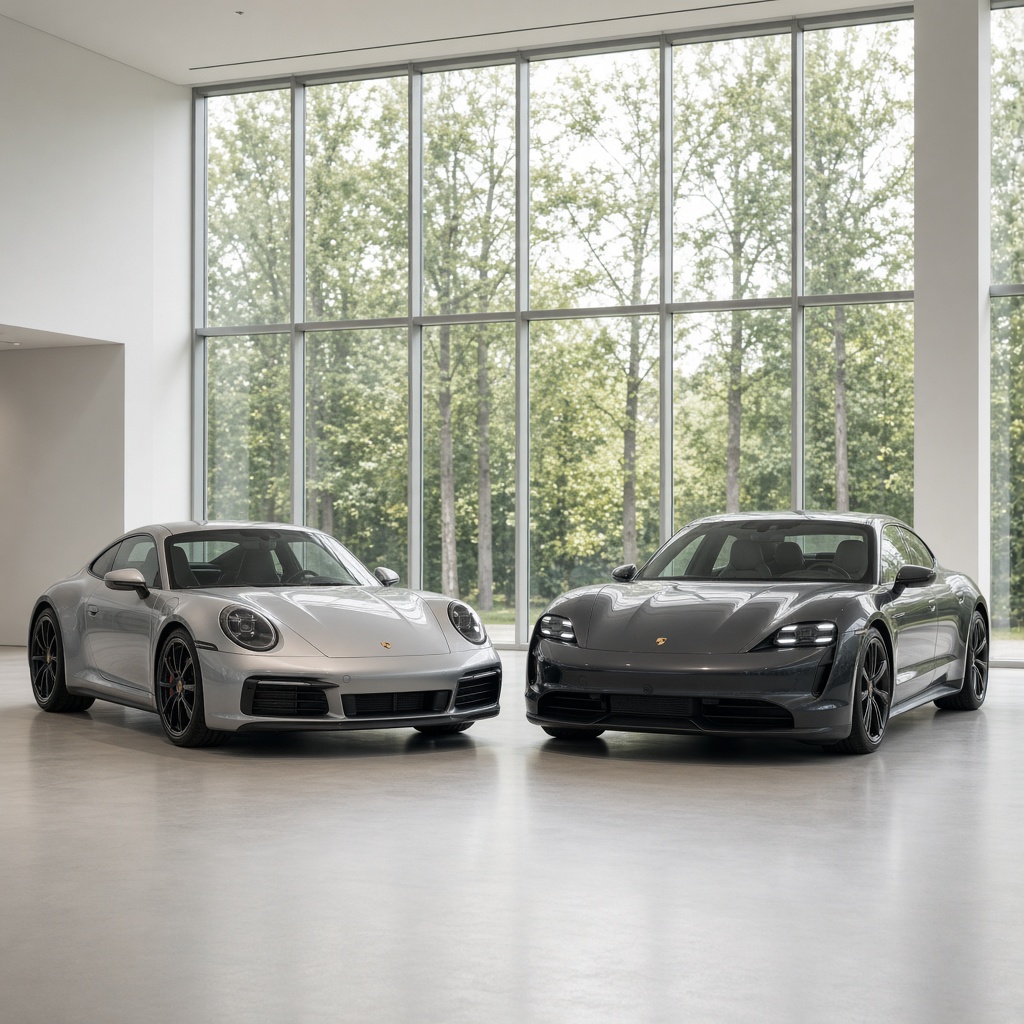 Zwei moderne Porsche in einem hellen Showroom